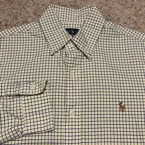 Ralph Lauren Custom Fit Shirt Men's M Blue Yellow Tattersall Plaid Check Oxford